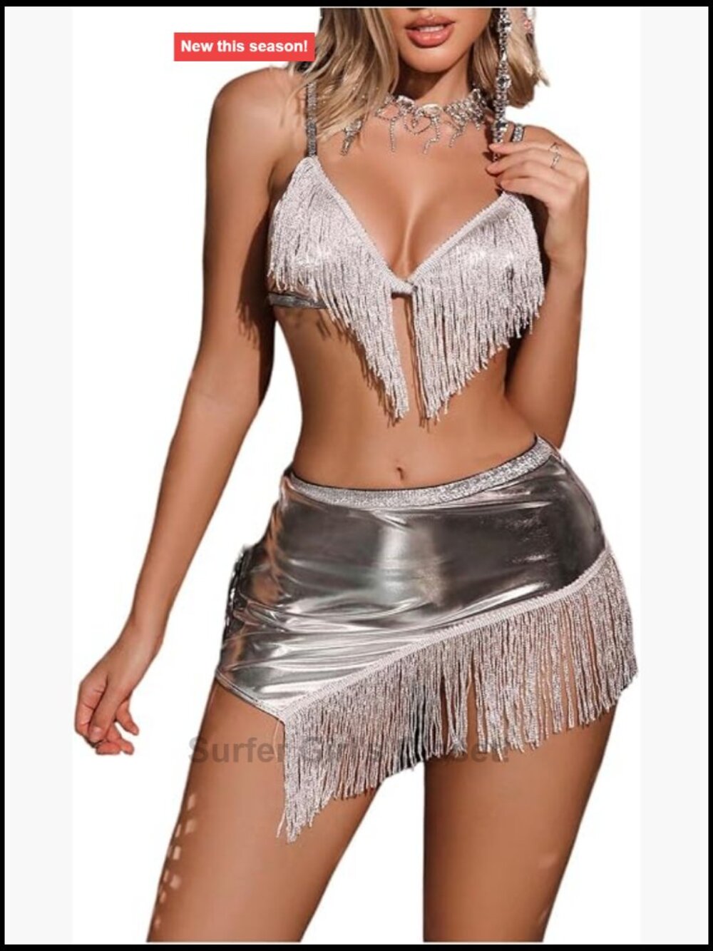 Women's 2 Piece Lingerie Set Metallic Fringe Bra Mini Skirt Faux Leather